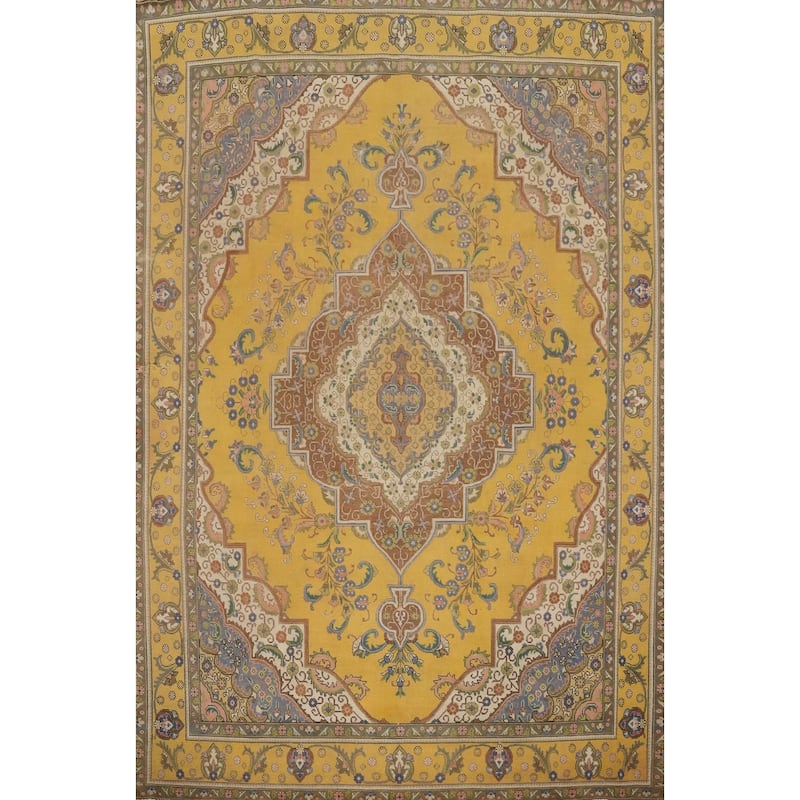 Hand Knotted Oriental 100% Wool Carpet Traditional Floral Yellow & Gold Tabriz Area Rug - 12' 3'' X 9' 7''