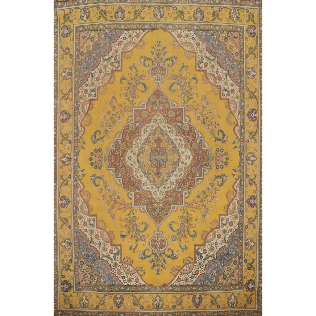 Hand Knotted Oriental 100% Wool Carpet Traditional Floral Yellow & Gold Tabriz Area Rug - 12' 3'' X 9' 7''