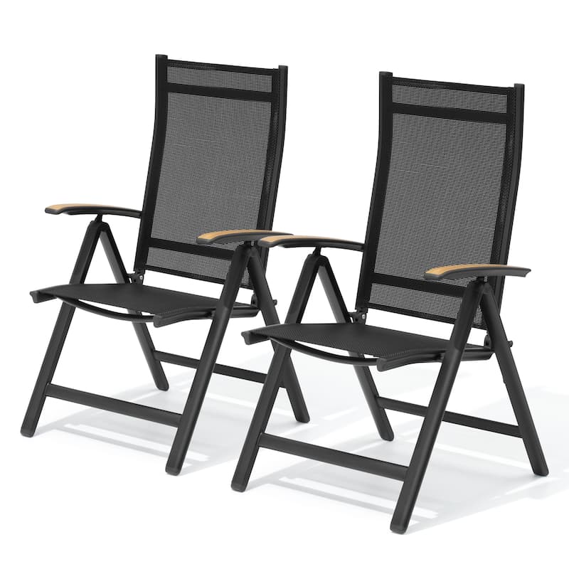VredHom Patio Folding Chairs Dining Chairs with Adjustable Backrest - Black - 2PCS