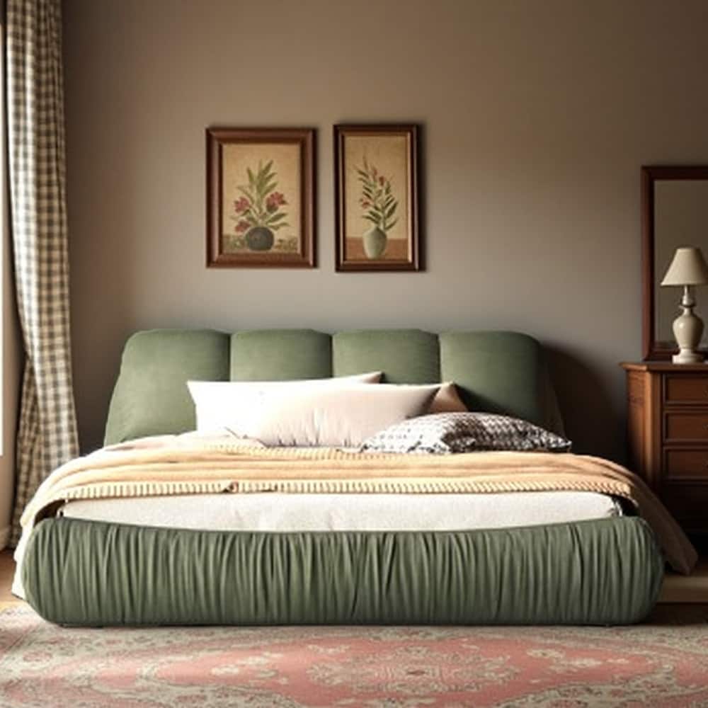 King Size Upholstered Bed Frame with Extra-Wide Cushioned Headboard, Solid Pine Slats & Adjustable Mattress Height