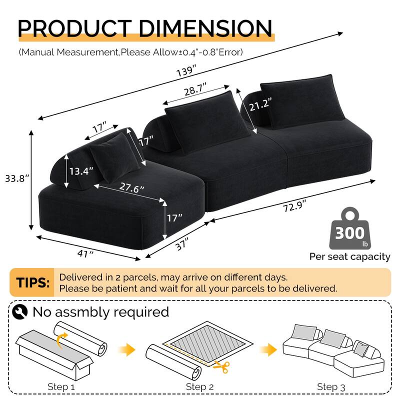 Luxury Oversized Modular Sectional Sofa,139" Chenille Upholstered Couch with Removable Backrests, Convertible Chaise Lounge