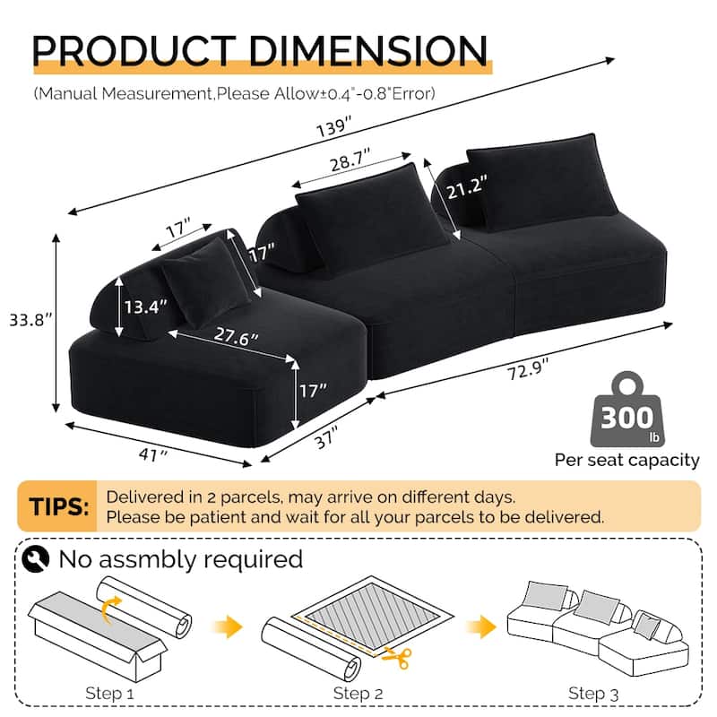 Modern 139" Modular Sectional Sofa Set, DIY Upholstered Fluffy Chenille Sofa, Removable Backrests & Pillows, Deep Seat