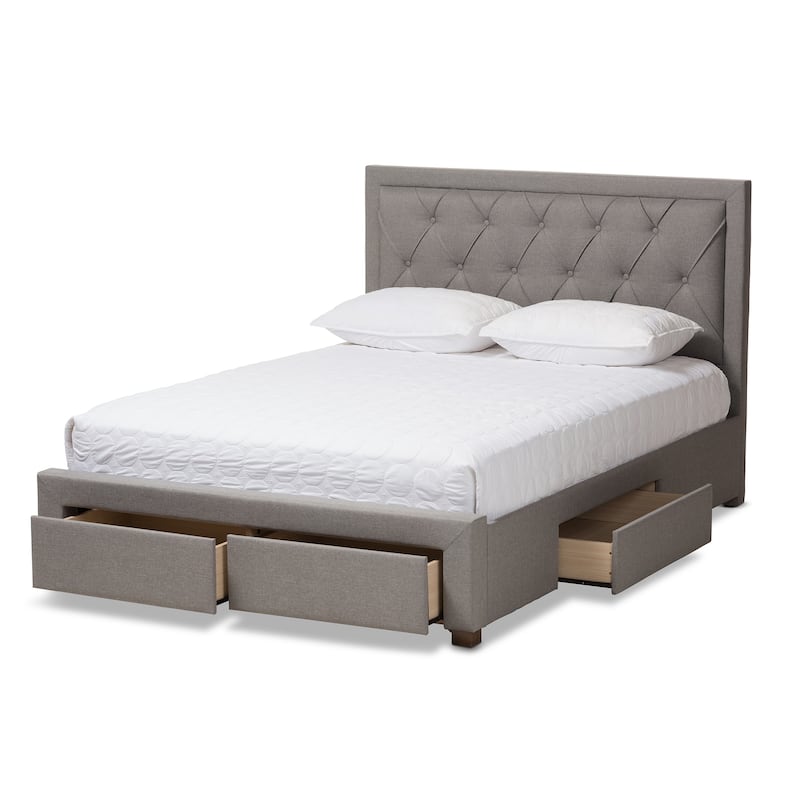 King Size Storage Bed with Headboard - Modern Fabric Upholstered Platform Bed Frame - Grey Bedroom Furniture