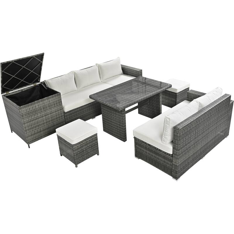 6-Piece Outdoor Rattan Modular Sectional Sofa Set with Adjustable Seat, Storage Box, and Dining Table