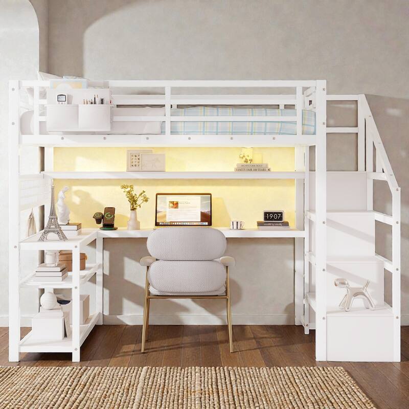Full Size Metal Loft Bed with Staircase Storage, Wardrobe, Desk, Shelves, LED Lights and Charging Station - White - Full