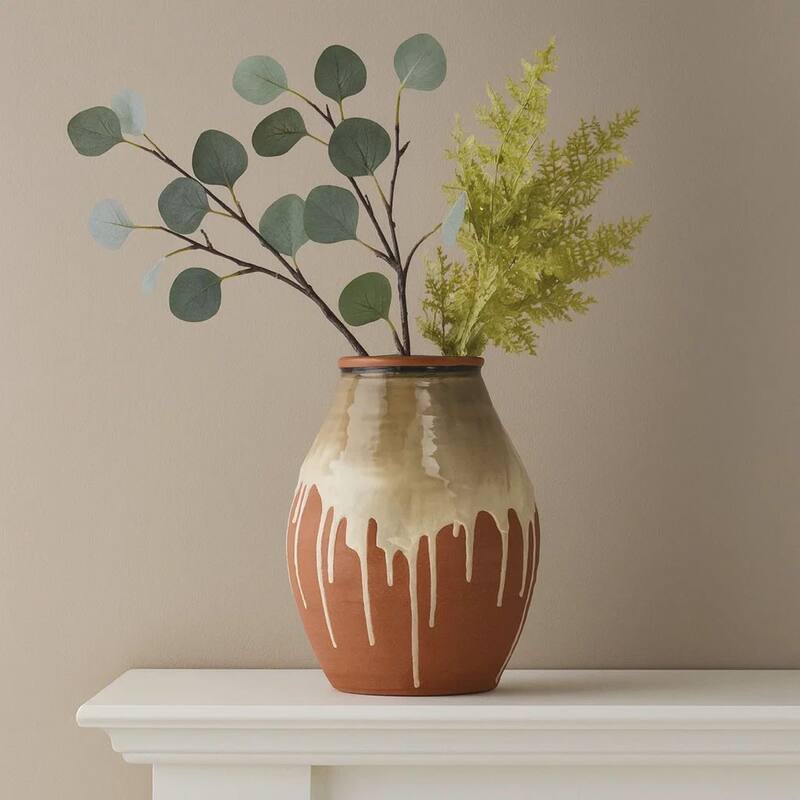 Accent Vase, Ceramic Drip Design Creamy Beige, Brown Ceramic, 12 Inch