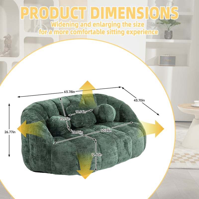 Chenille Upholstered Bean Bag Chair, Lazy Floor Sofa with Foam Filler, Fluffy Bean Bag Sofa with 3 Pillows & High Backrest