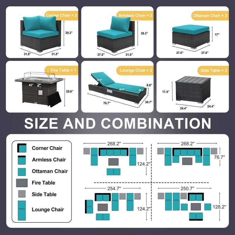 FINCATI 11 Pieces Patio Furniture Set Outdoor Sectional Sofa with Firepit Table