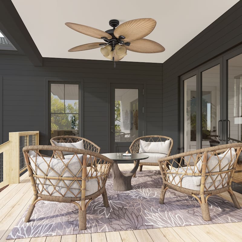 52" Honeywell Palm Valley Bronze Indoor/Outdoor Ceiling Fan with Light, Pull Chain, 5 Palm Leaf Blades