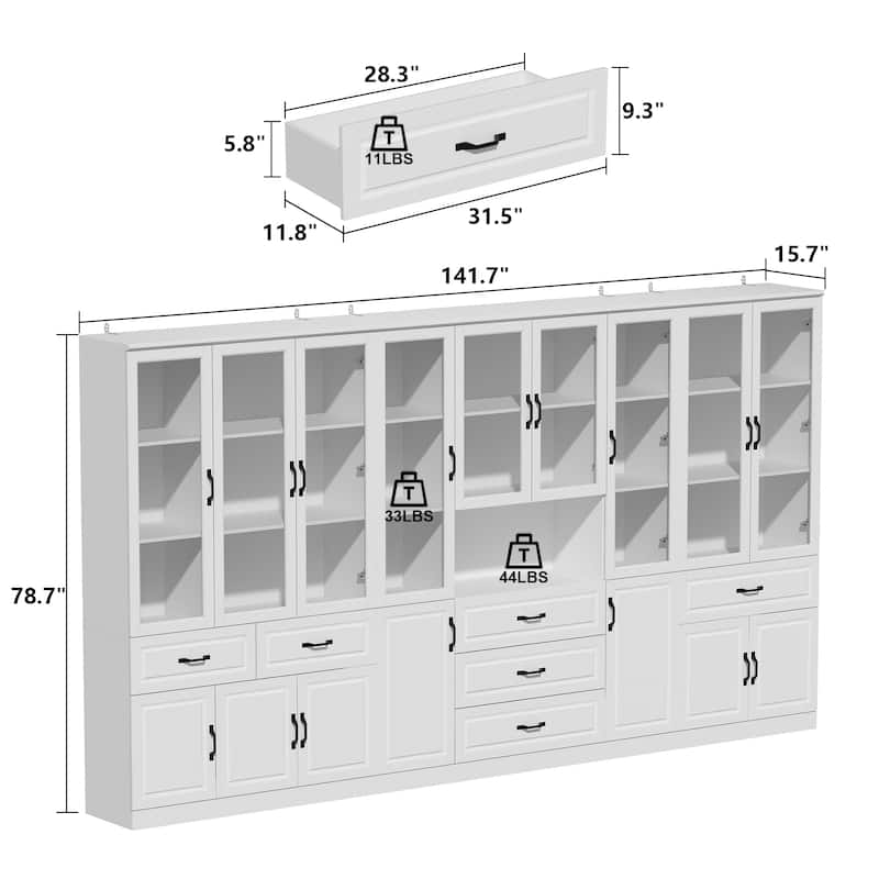 78.7" Large Combo Storage Cabinet Display Bookcase Glass Doors Pantry