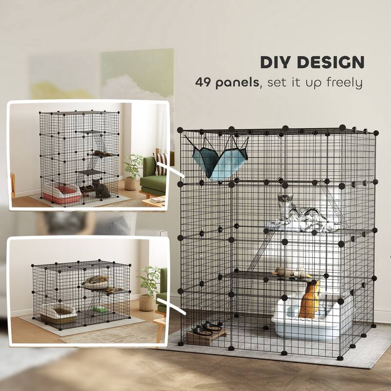 PawHut Cat Cage Indoor, DIY 4 Tier Cat Enclosure with Hammock, 3 x 3 x 4 Detachable Wire Cat Kennel with Ramps