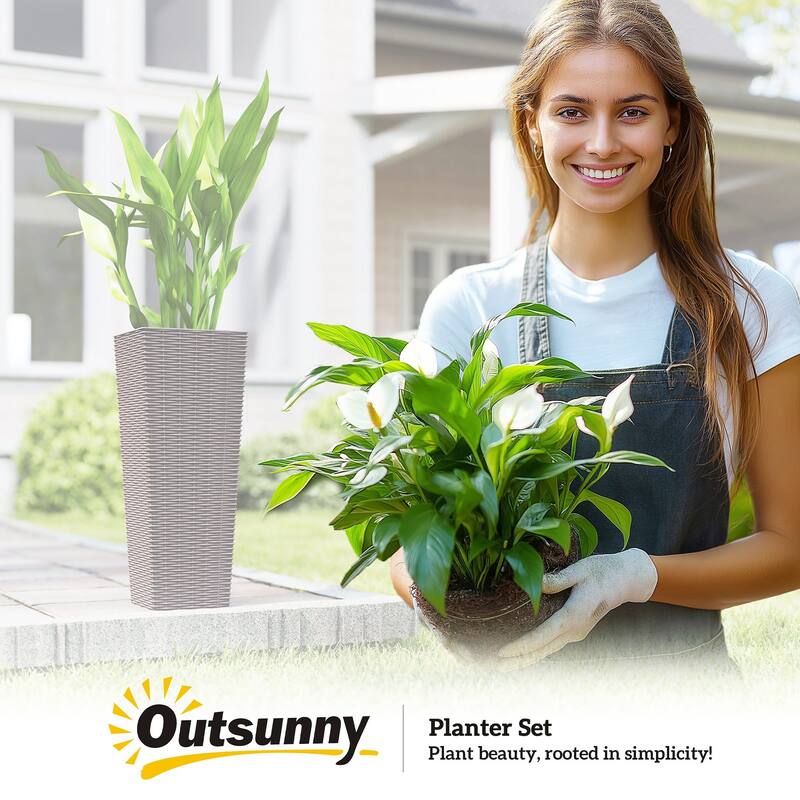 Outsunny 23.6 Inch Tall Planters for Outdoor Plants, Set of 2 Plastic Rattan-Like Flower Pots Front Porch