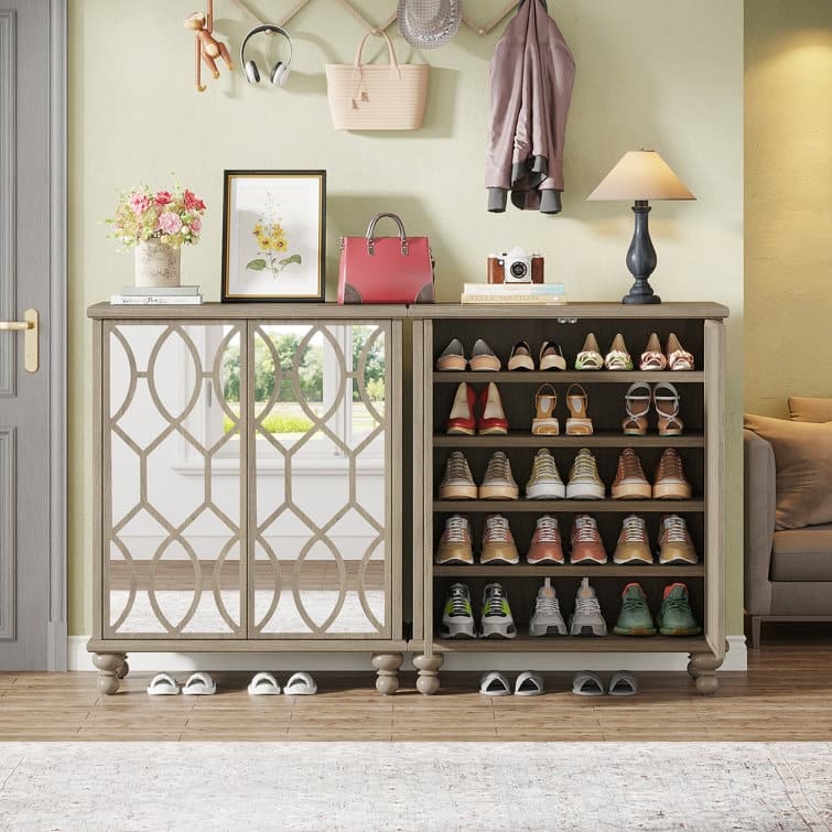 Mirror Shoe Cabinet, 5-Tier Large Wooden Shoe Organizer Cabinet - 31.49" W x 14.17" D x 43.30" H
