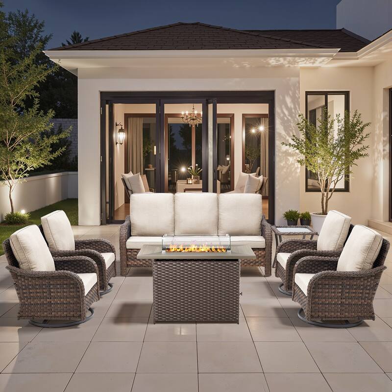 Pocassy Patio Sofa Swivel Chairs with Fire Table Funiture Set - Beige Cushion - Brown Wicker - 7-Piece Sofa Swivel Chair with Fire Pit Table