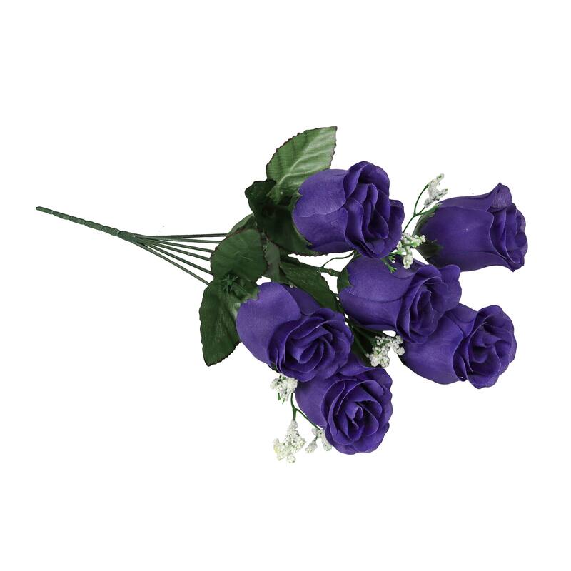 Set of 12 Dark Purple Artificial Rose Bud Flower Stem Bush Bouquet 14in - 14" L x 6" W x 6" DP