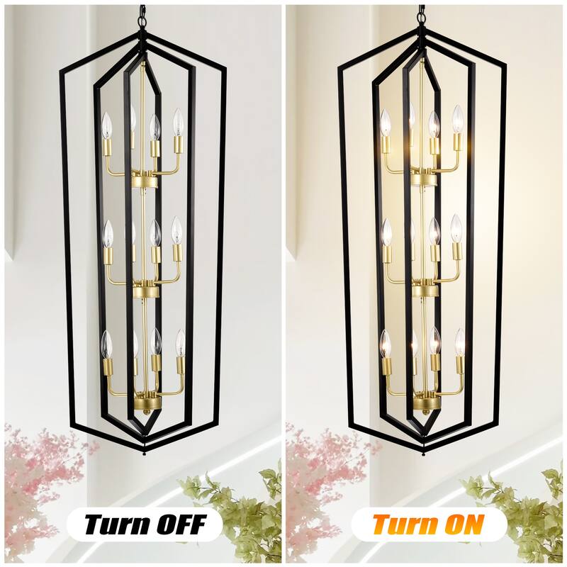 8-Light Black and Gold Lantern Chandelier, Adjustable Ceiling Pendant Light for Dining Room, Kitchen, Living Room, Entryway