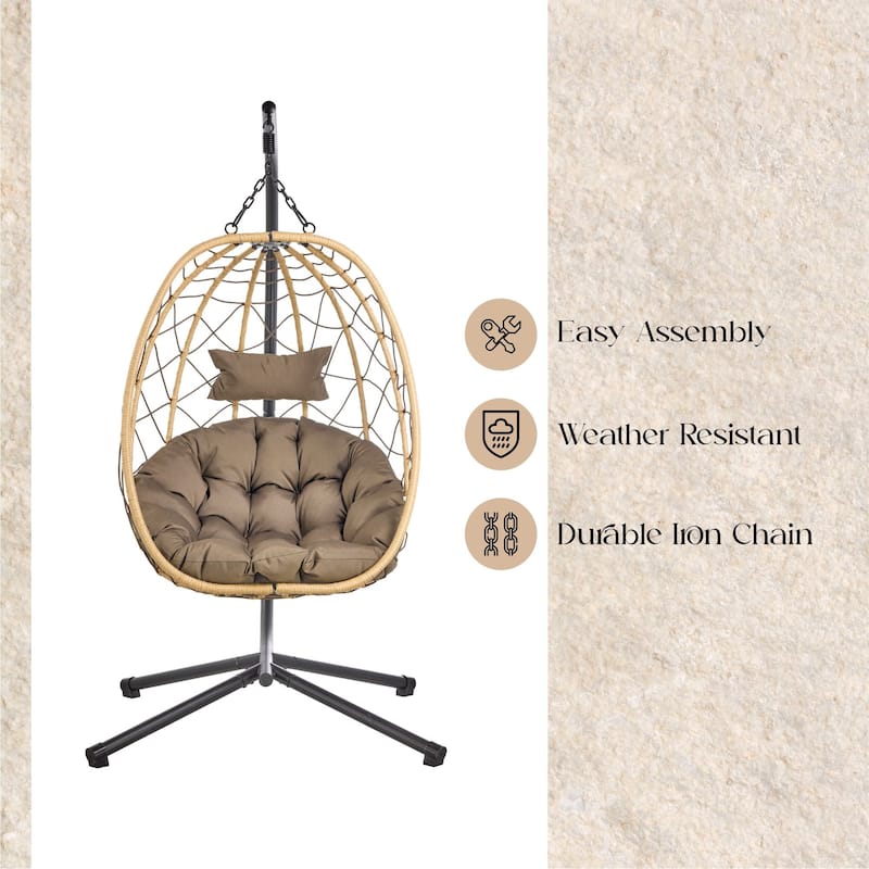 Summit Hanging Egg Swing Chair with Brown Frame & Foldable Shell for Home Patio Garden Backyard Porch