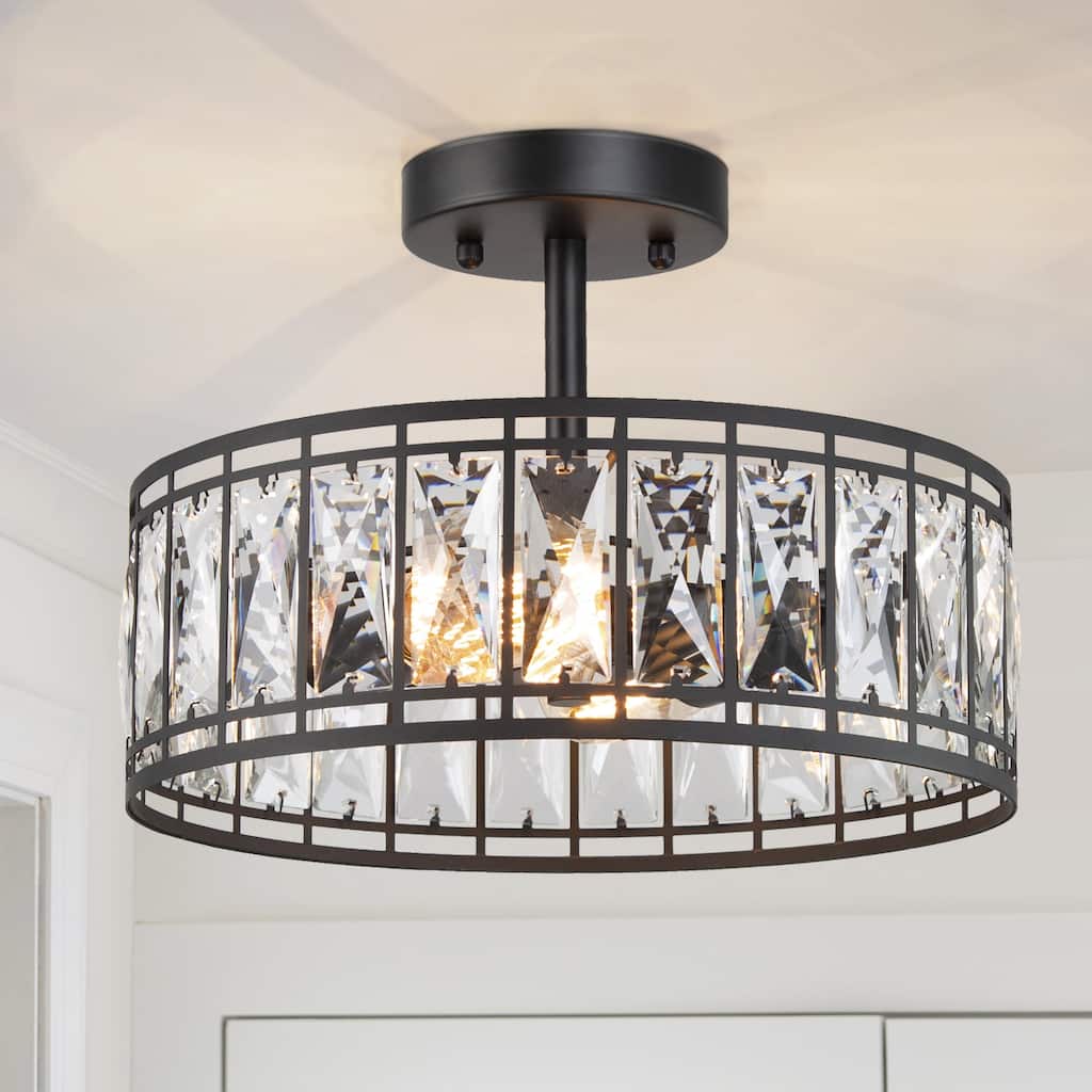 Modern Glam 2-Light Crystal Metal Drum Semi Flush Mount Light - D 12.5"x H 9.5"