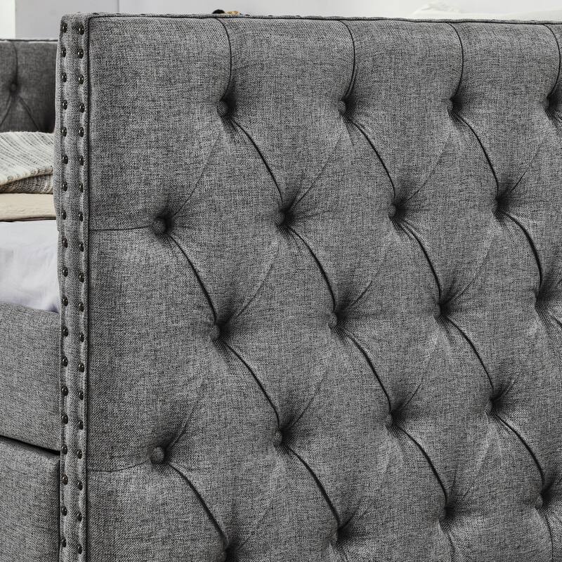Full Size Daybed - Linen Upholstered Daybed with Storage,Button and Copper Nail