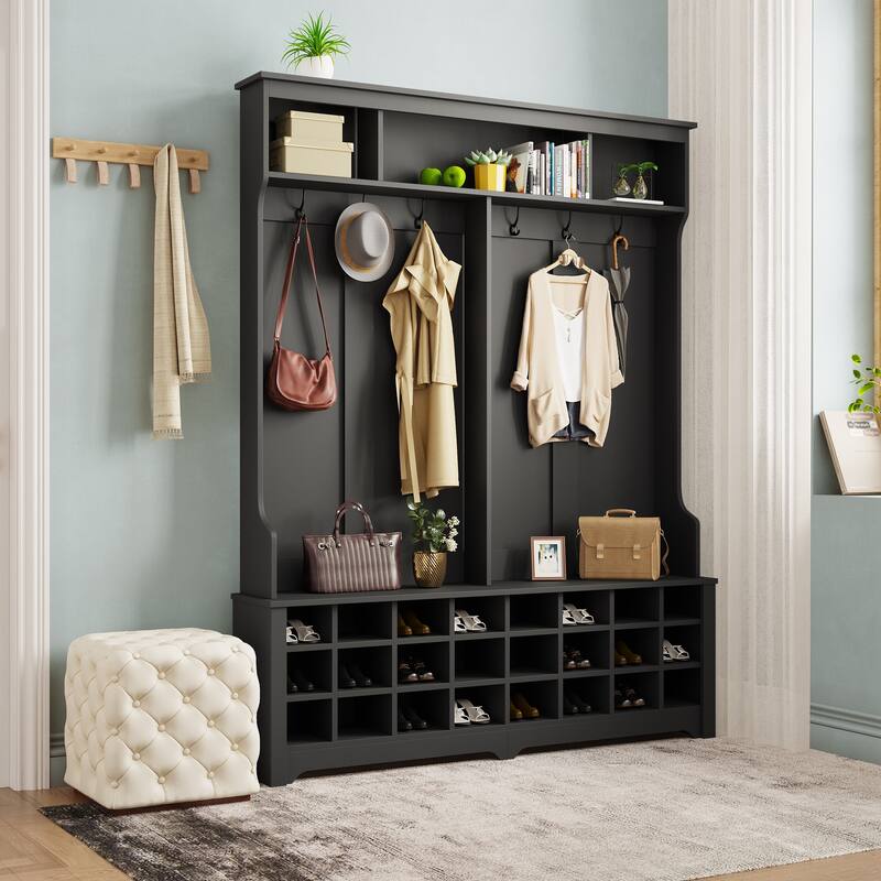 Hall Tree with Storage Space and 24 Shoe Cubbies