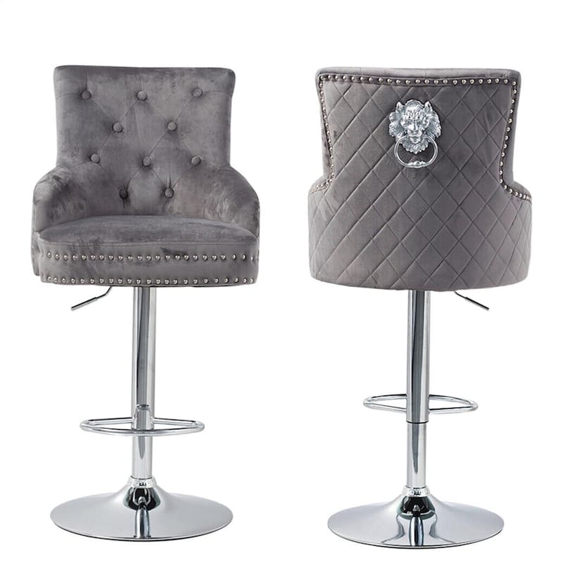 Swivel Tufted Velvet Bar Stool Adjustable with Lion Head Knocker On