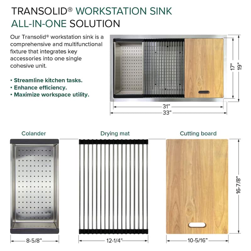 Transolid KWSSU331910 33-in X 19-in X 10-in 18-Gauge Undermount Stainless Steel Kitchen Workstation Sink