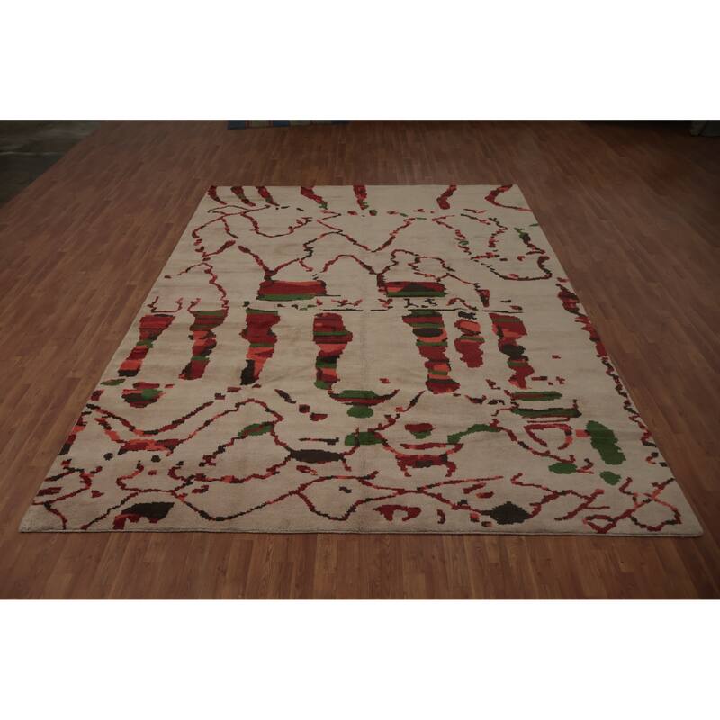 Hand Knotted Oriental 100% Wool Carpet Modern Abstract Beige & Ivories Moroccan Area Rug - 12' 4'' X 9' 2''