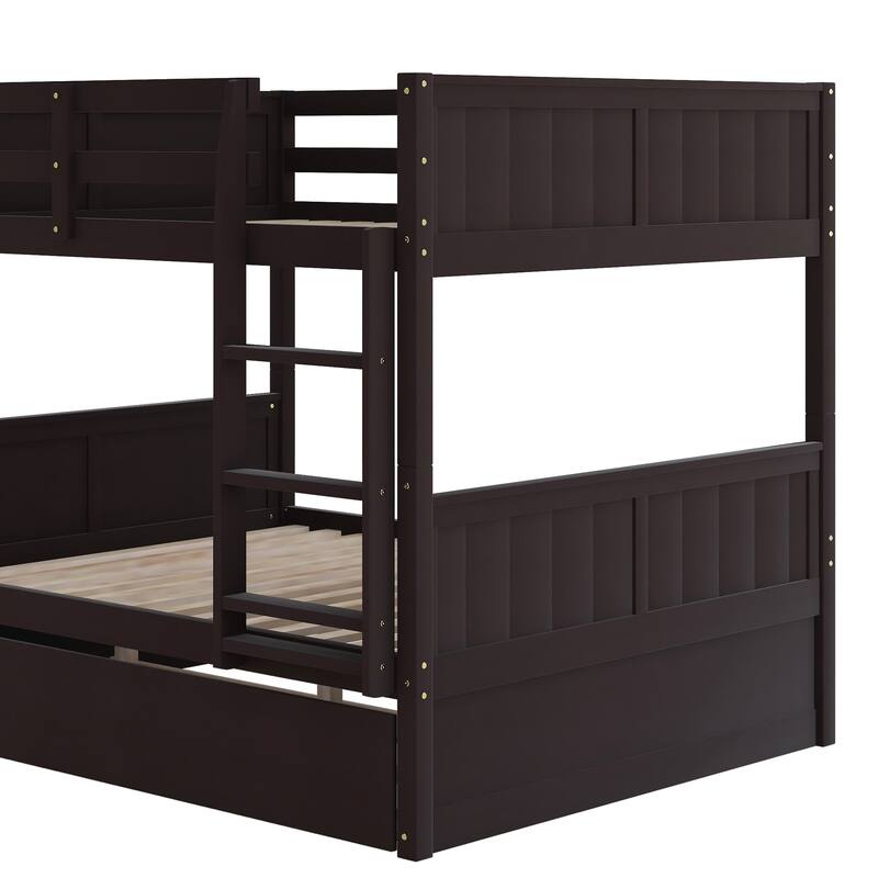 Full Over Full Bunk Bed with Twin Trundle, Espresso Finish, Convertible Design