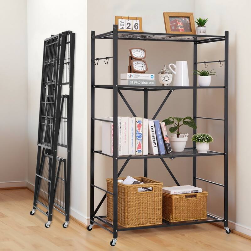 Black Carbon Steel Folding Garage Shelf with 5 Swivel Wheels - 21 x 36 x 60 in