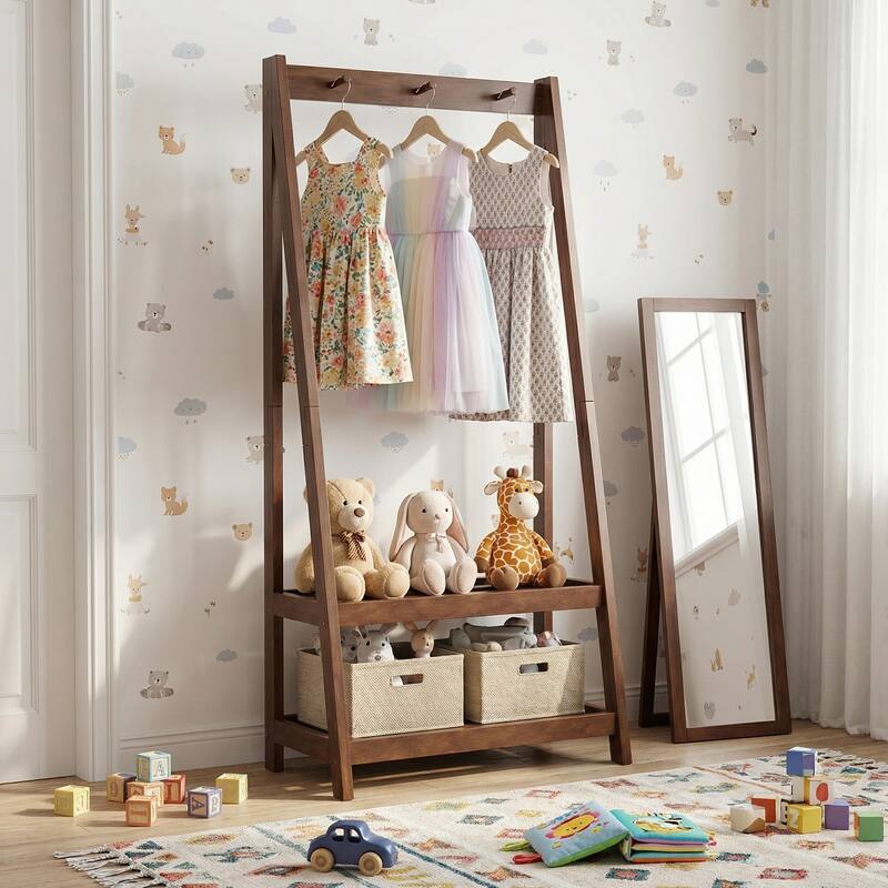 Gymax Rubber Wood Garment Rack w/3 Hooks & 2 Shelves for Entryway