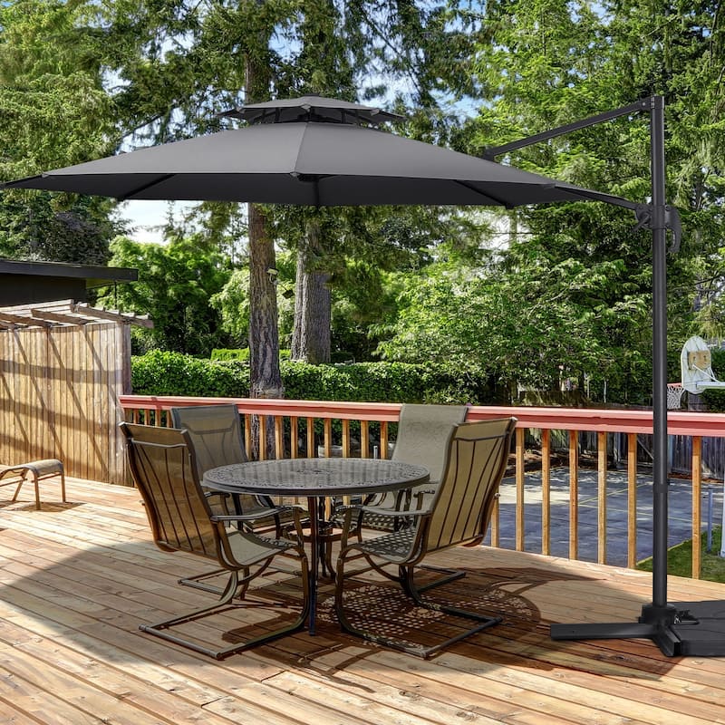 Autlaycil 10FT Cantilever Patio Umbrella with Base Included 360 Rotation Large Offset Hanging Outdoor Shade - Grey-New