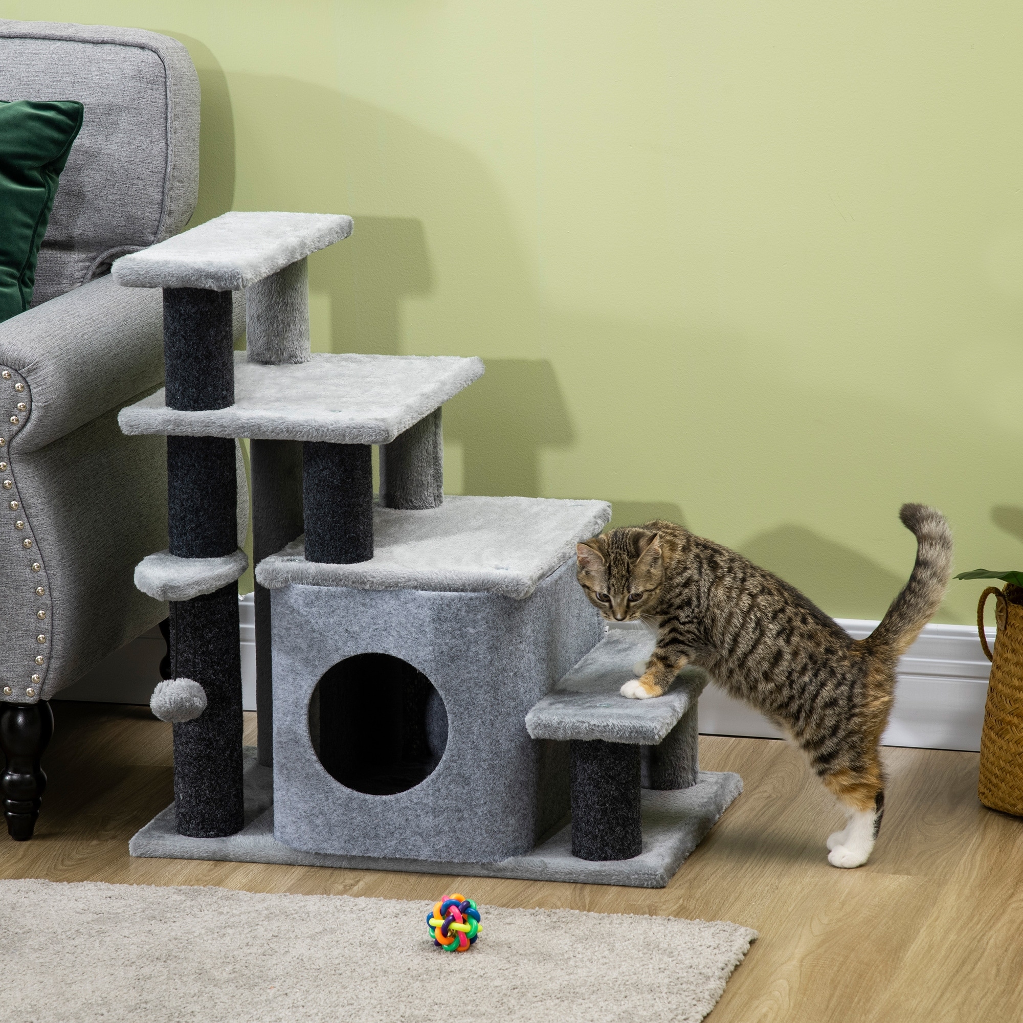 PawHut Pet Stairs, Adjustable Height 3 Step/4 Step Cat Steps with Cat Scratching Post, Cat Condo, Toy Ball, for High Bed, Sofa