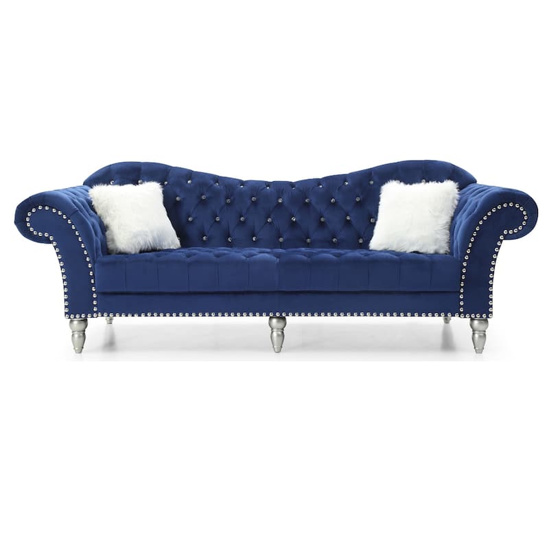 Tufted Velvet 2-Seater Sofa with Throw Pillows - 98" - Blue