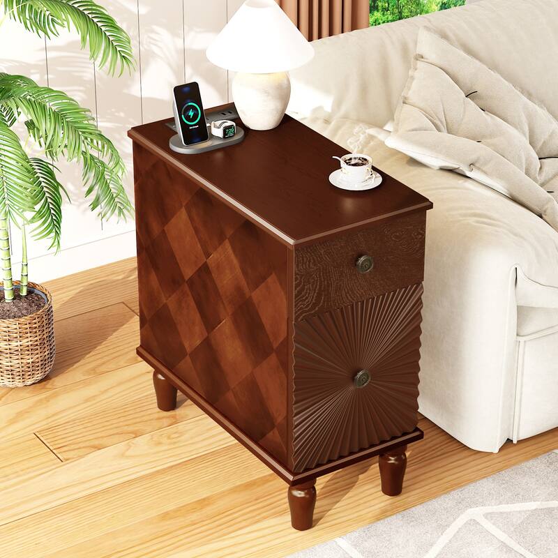 Slim Nightstand with Charging Station, Floor Standing Narrow Side Table, Wooden Storage Cabinet with 2 Drawers