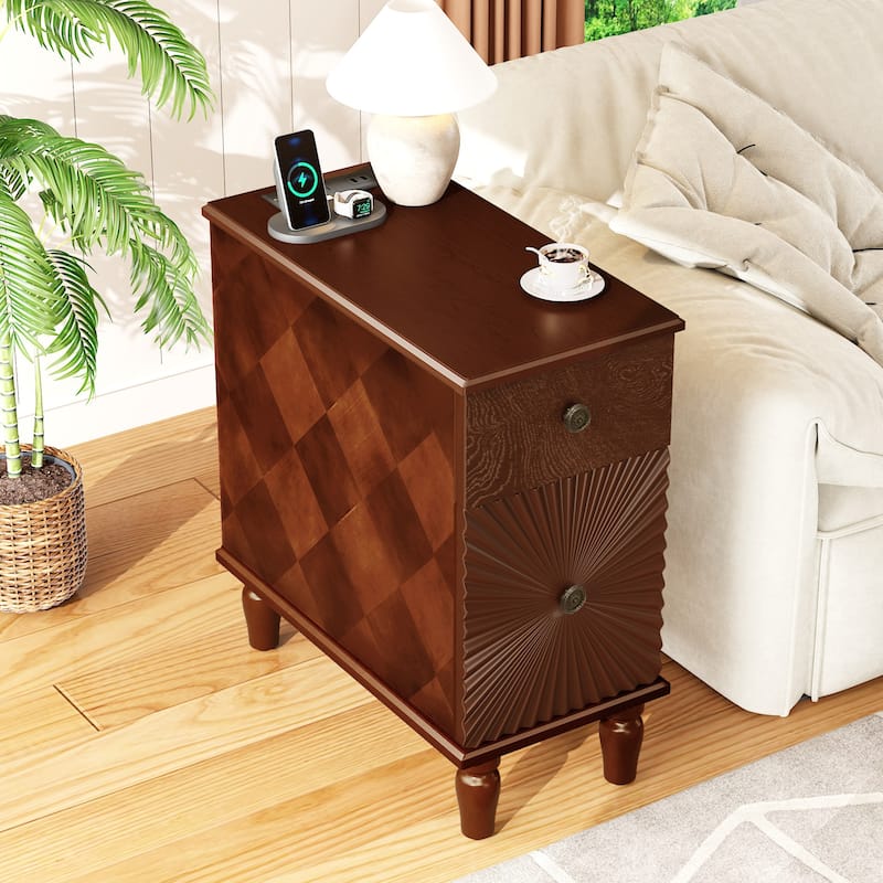 Sofa Side Table Slim Nightstand with 2 Drawers, Storage Cabinet File Cabinet Lamp Table Corner Table