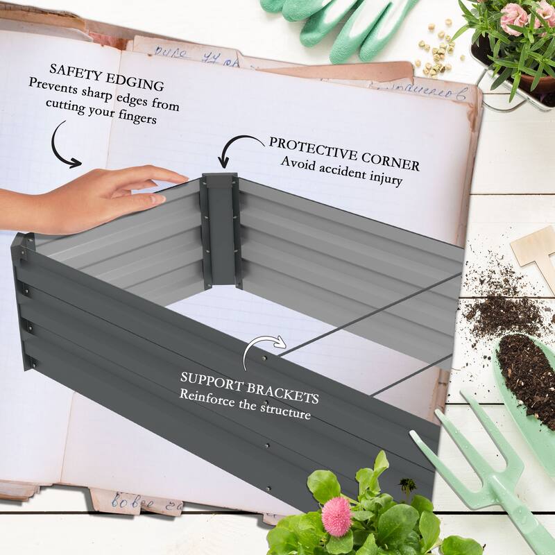 Outsunny 8 x 2 x 1ft Galvanized Raised Garden Bed Kit, Outdoor Metal Elevated Planter Box with Safety Edging, Dark Gray