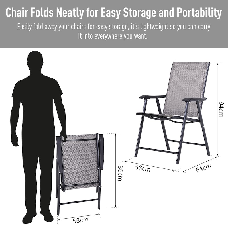 Outdoor Folding 2 Piece Patio Kitchen Dining Chair with Sling Mesh, Metal Frame, Armrests for Restaurant Lawn Camping Beach