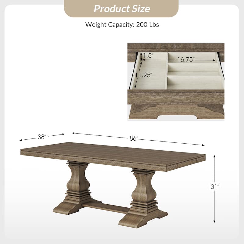 Pawel 86" Farmhouse Double Pedestal Dining Table with Two Built-in Divided Drawers by HULALA HOME