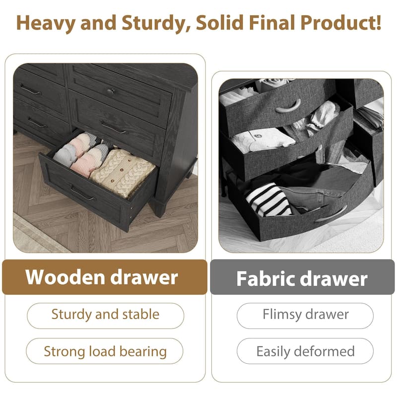 6 Drawer Dresser for Bedroom, 47" Wide Wooden Storage Chest, Freestanding Closet Organizer