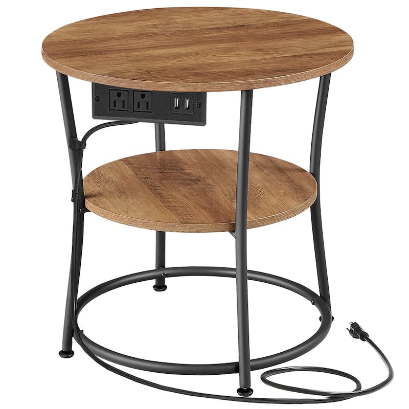 Metal Wood Round Side Table with USB Ports and 2 Tier Storage - 21.7"D x 21.7"W x 21.7"H
