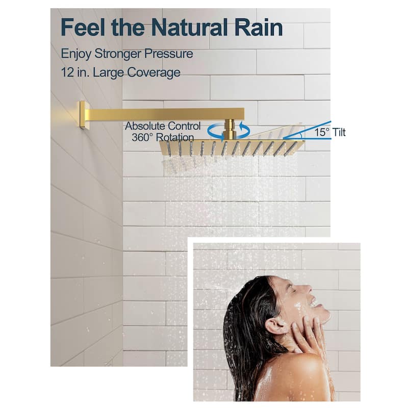 GRANDJOY 12 Inch Wall Mounted Digital Temperature Display Shower System Rainfall Shower Head with 6 Body Jets