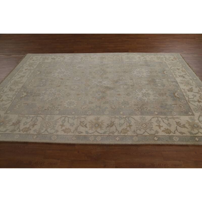Transitional Beige Oushak Indian Area Rug Hand-Knotted Wool Carpet - 6'2" x 8'11"