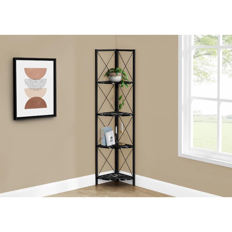 Bookshelf, Bookcase, Etagere, Corner, 4 Tier, 60"h, Office, Bedroom, Laminate, Metal, Contemporary, Modern
