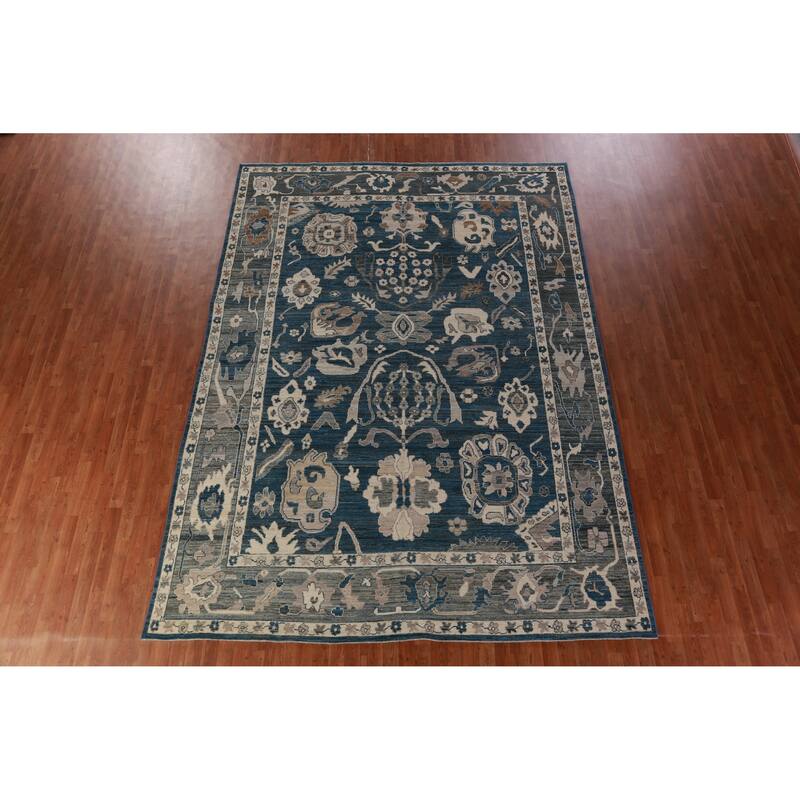 Hand Knotted Oriental 100% Wool Carpet Transitional All-Over Navy Blue & Blues Oushak Area Rug - 12' 4'' X 8' 11''