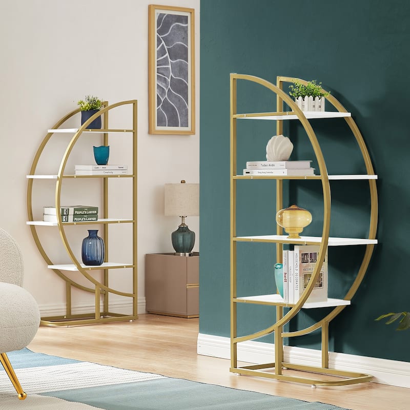 Roomfitters 4-Tier Round Bookshelf for Home Office, Open Shelf with Gold Frame and MDF Board, Multiple Placements, Golden+White