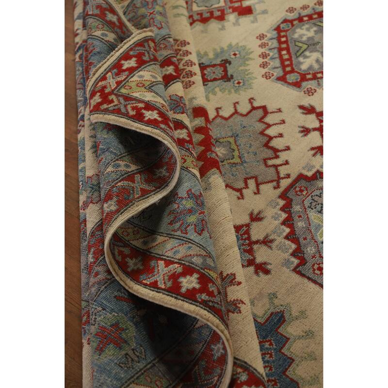 Hand Knotted Oriental 100% Wool Carpet Traditional Geometric Beige & Ivories Kazak Area Rug - 12' 0'' X 9' 1''