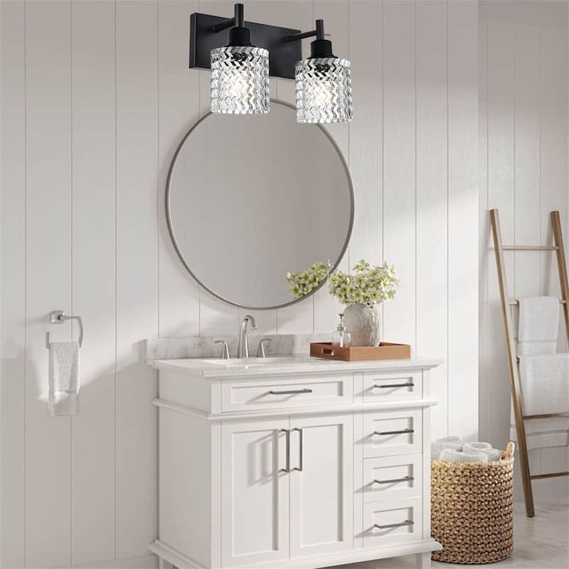 2-Light Industrial Black Wall Sconce with Hammered Glass Shades