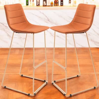 Set of 2 Orange Velvet Bar Height Chairs Modern Gold Frame Stools with Footrest and Backrest - 40.2”H x 18.5”W x 19.5”D