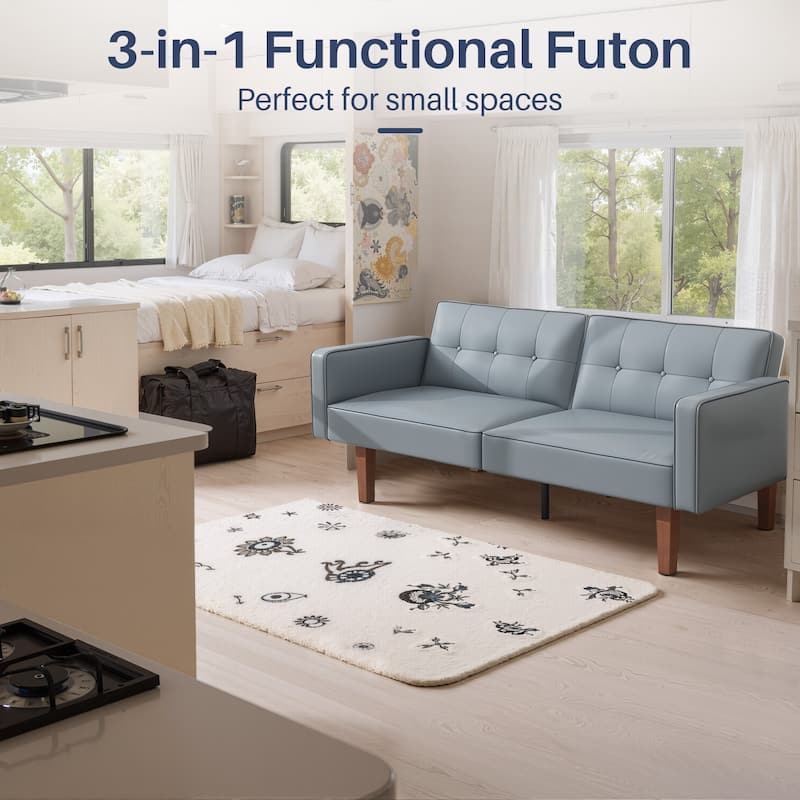 Futon Sofa Bed Faux Leather Sofa Couch Convertible Modern Loveseat Sleeper Sofa for Apartment, Office,Small Spaces