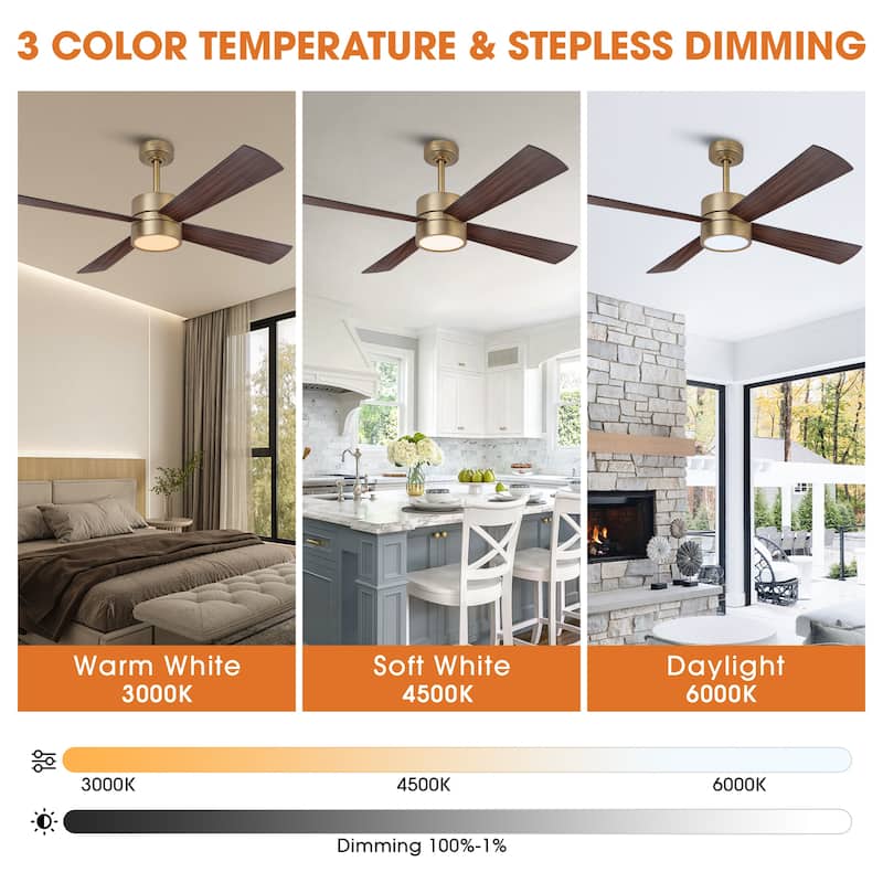 52" Black/ Distressed Brass Dimmable RGB Smart Ceiling Fan with Light and Remote, App Control